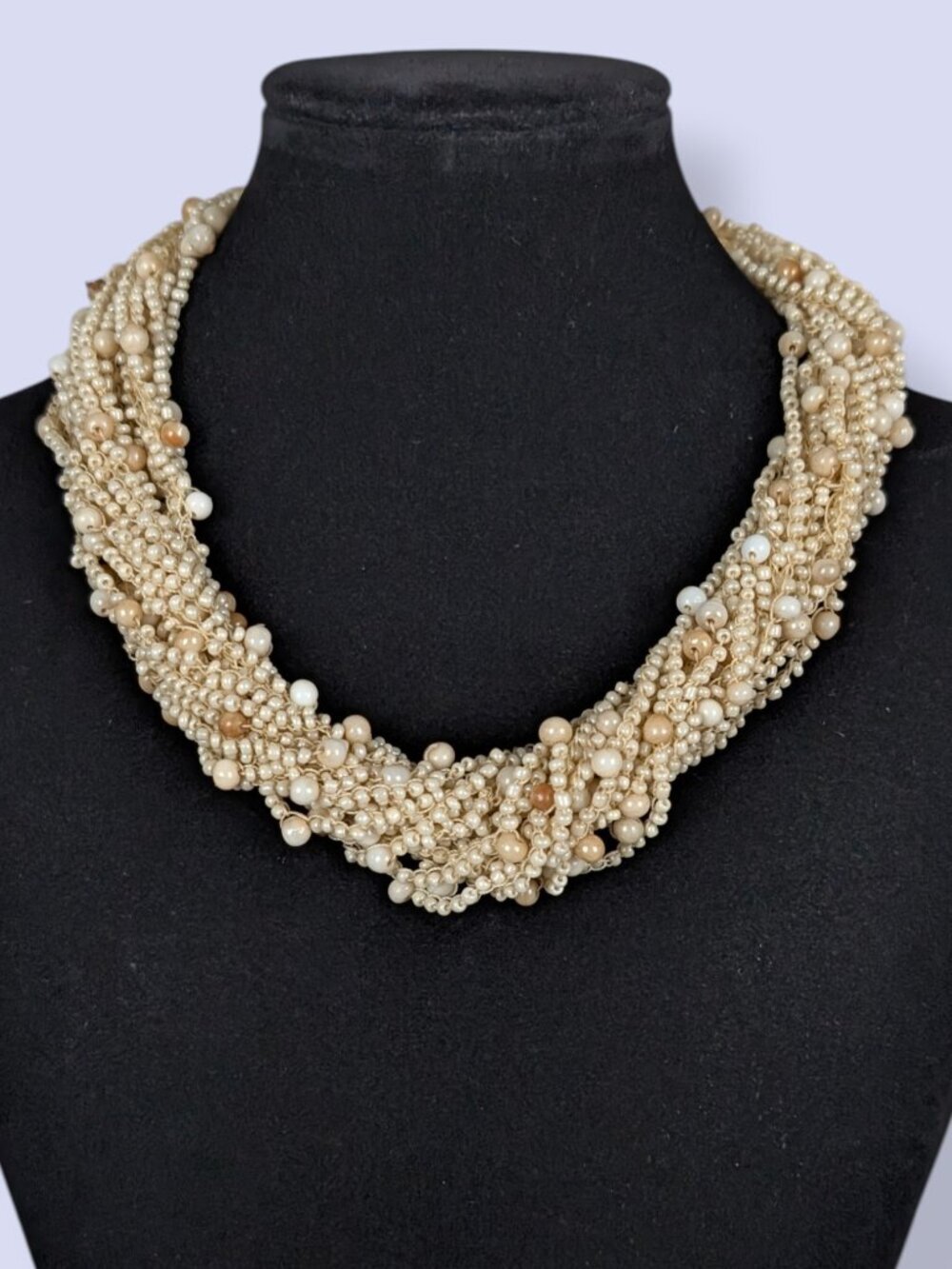 White & Beige Beaded Torsade Necklace